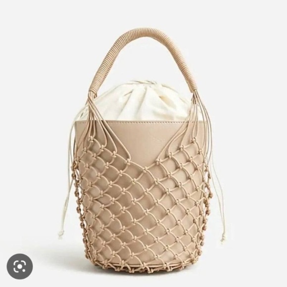 J.CREW | NWT SEDONA BASKET LEATHER CANVAS DRAWSTRING BAG IN MACADAMIA - Picture 2 of 15